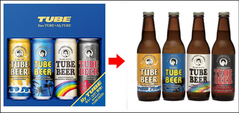 左がTUBEのアルバム。右が実際のTUBEビール。